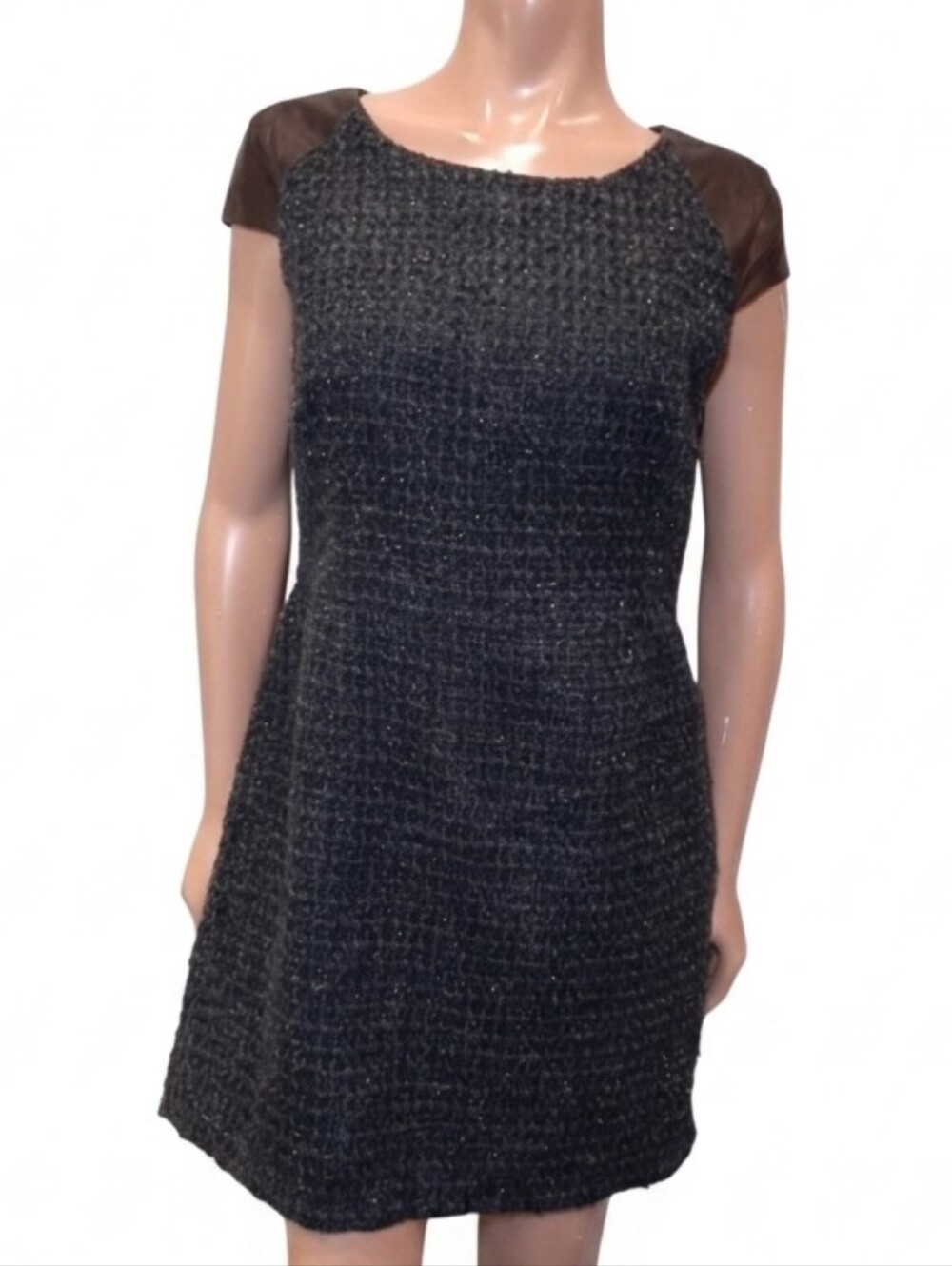 ABS Platinum Metallic Tweed Faux Leather Dress Womens Size Large Green Black